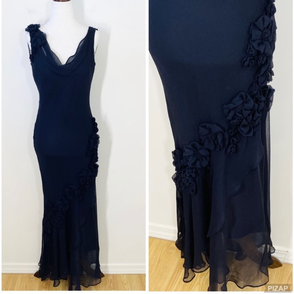 ECI 100% silk vintage floral gown black
